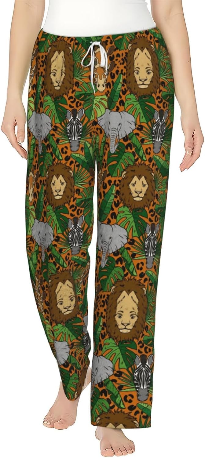 PVVCDV Tropical Safari Animal Print Flannel Pajama Pants For Women. Soft Fleece Lounge Pants