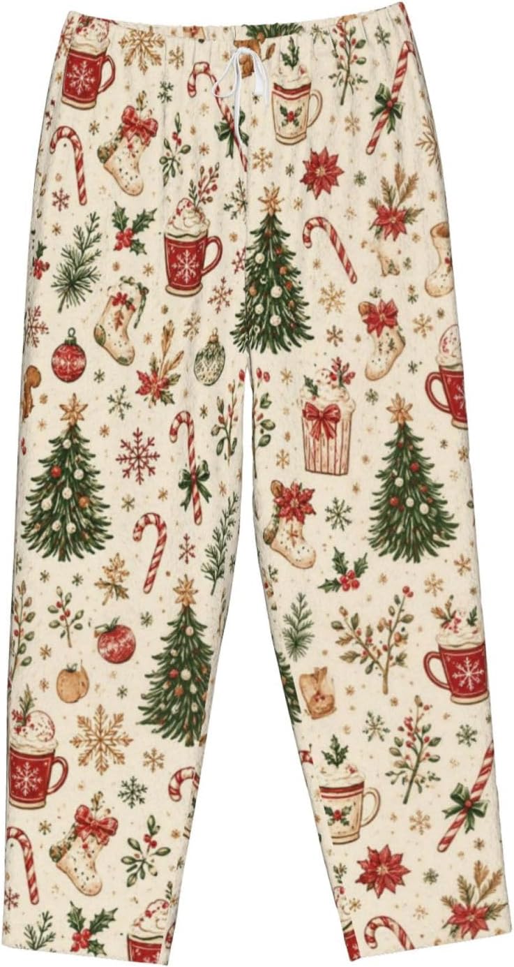 Christmas Leopard Cat Flannel Pajama Pants For Women. Soft Fleece Lounge Pants With Pockets And Adjustable Drawstring