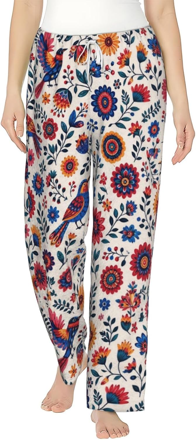 Colorful Butterfly Floral Flannel Pajama Pants For Women. Soft Fleece Lounge Pants With Pockets And Adjustable Drawstring