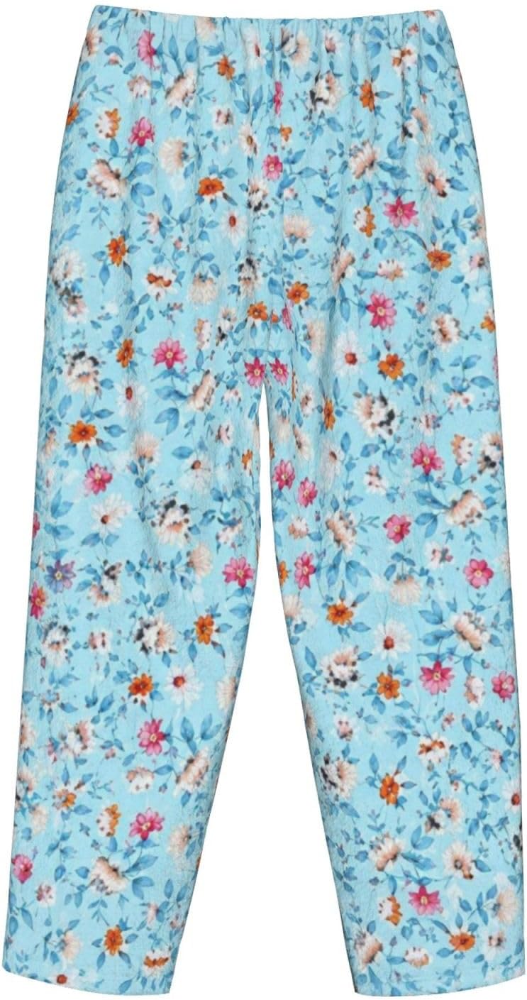 Blue Floral Flannel Pajama Pants For Women. Soft Fleece Lounge Pants With Pockets And Adjustable Drawstring