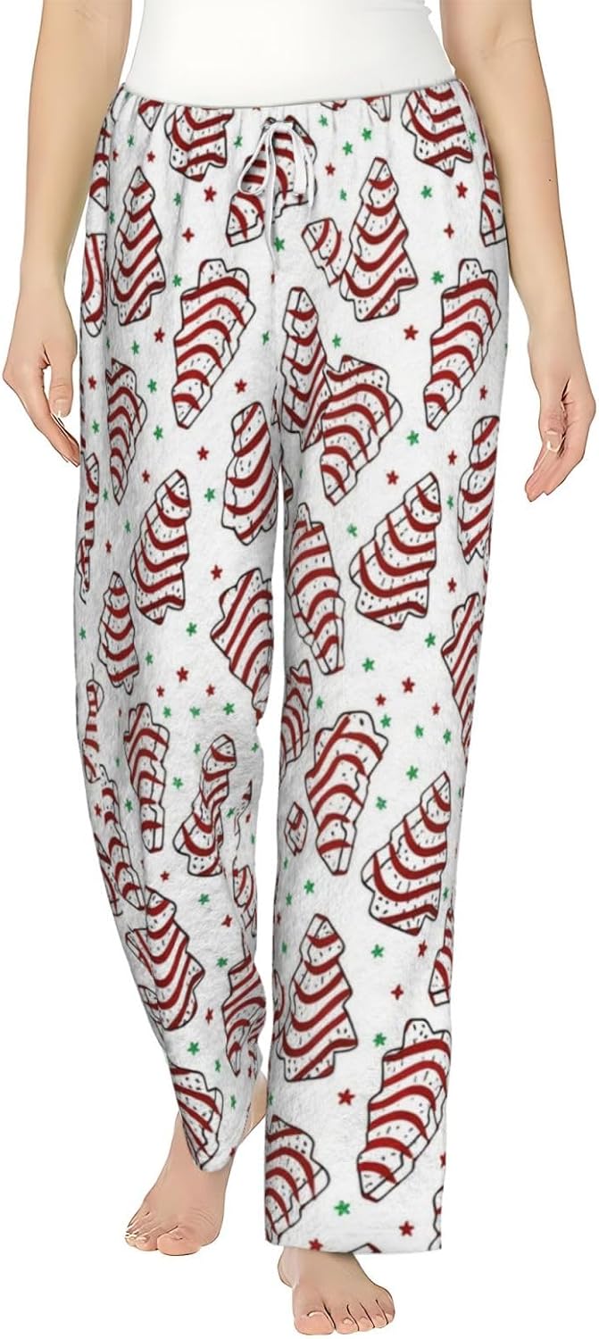 Red Striped Christmas Tree Flannel Pajama Pants For Women. Soft Fleece Lounge Pants With Pockets And Adjustable Drawstring