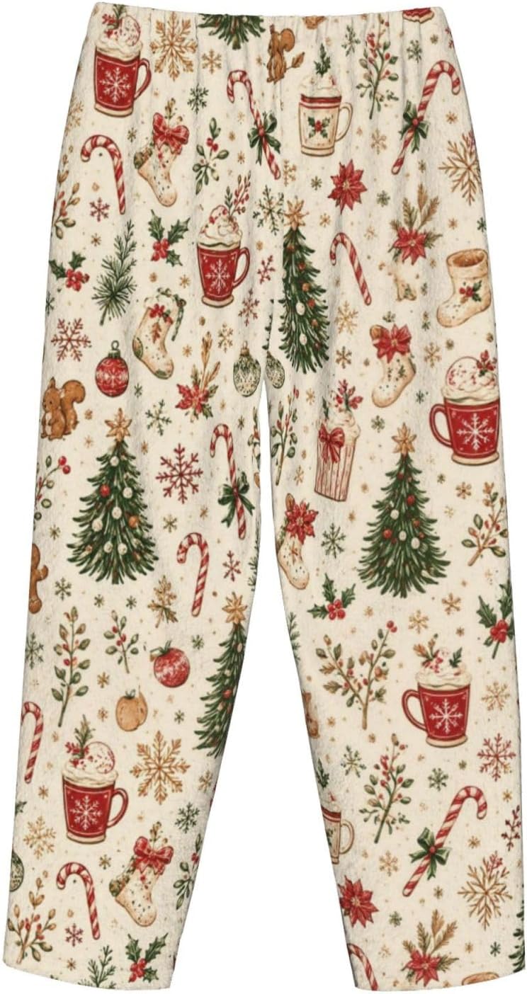 Christmas Leopard Cat Flannel Pajama Pants For Women. Soft Fleece Lounge Pants With Pockets And Adjustable Drawstring