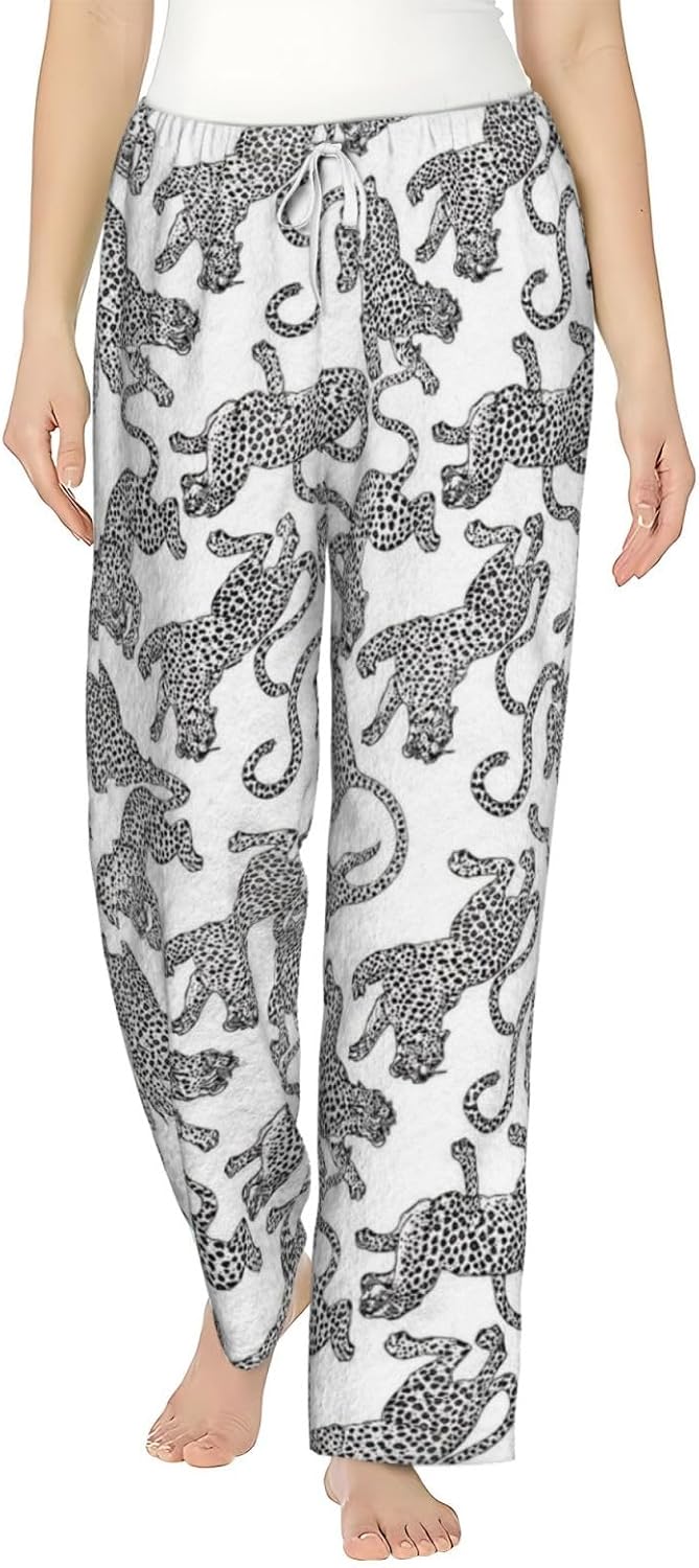Leopard Tropical Leaf Flannel Pajama Pants For Women. Soft Fleece Lounge Pants With Pockets And Adjustable Drawstring