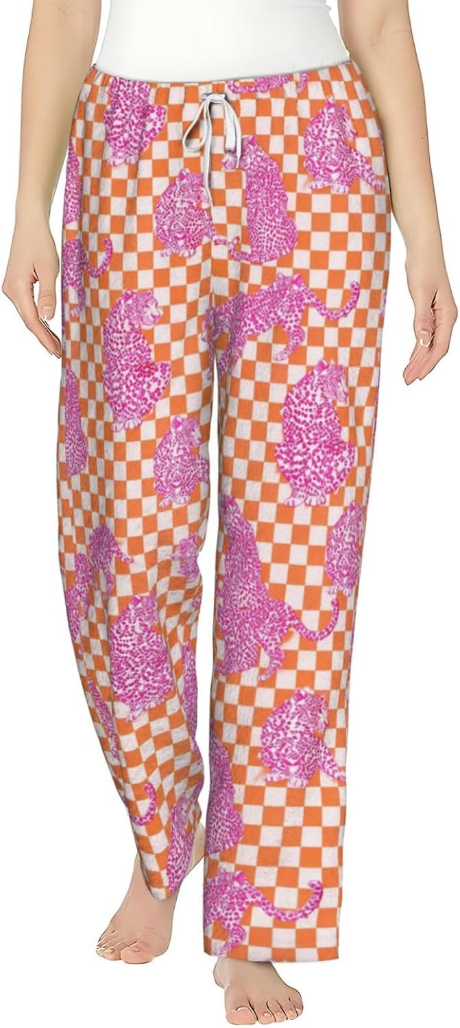 Pink Tiger Rose Floral Flannel Pajama Pants For Women. Soft Fleece Lounge Pants With Pockets And Adjustable Drawstring