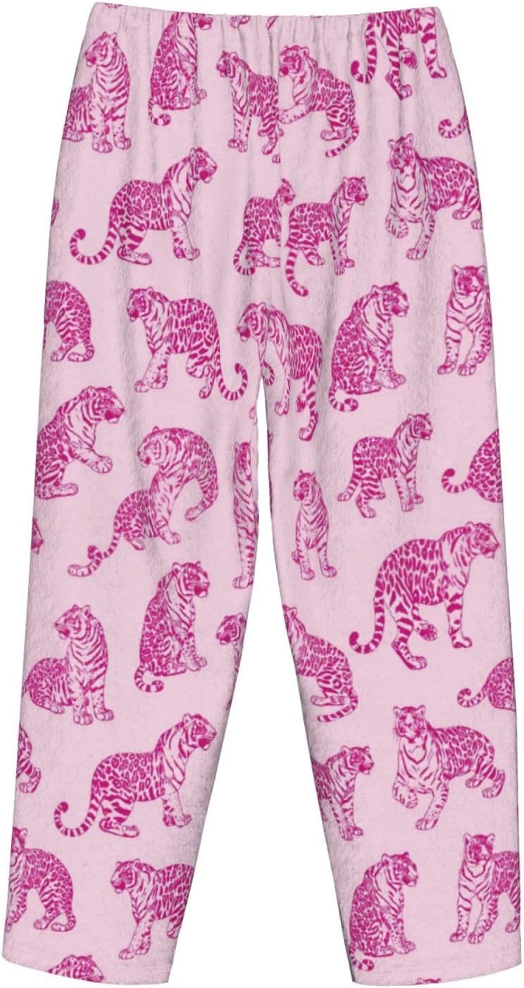 Pink Tiger Rose Floral Flannel Pajama Pants For Women. Soft Fleece Lounge Pants With Pockets And Adjustable Drawstring