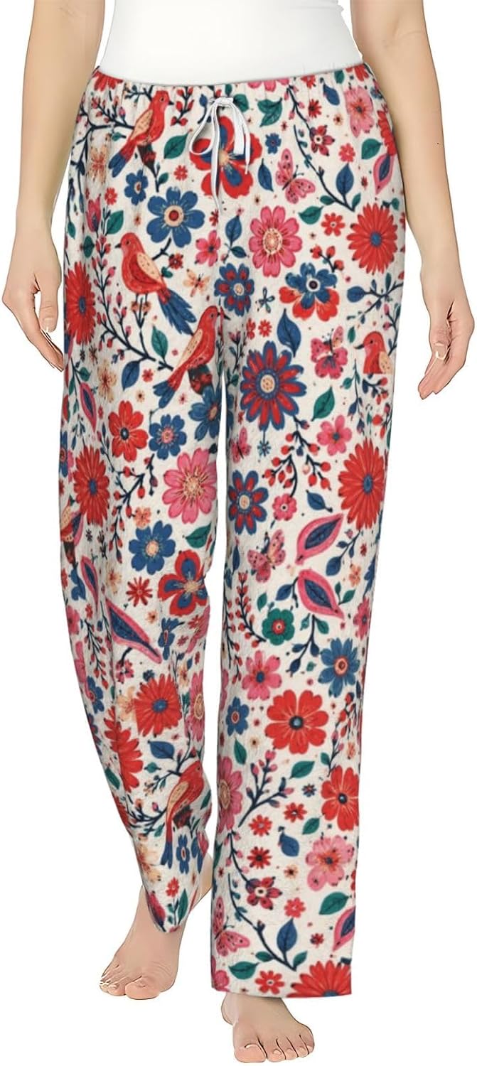 Floral Garden Boho Flannel Pajama Pants For Women. Soft Fleece Lounge Pants With Pockets And Adjustable Drawstring