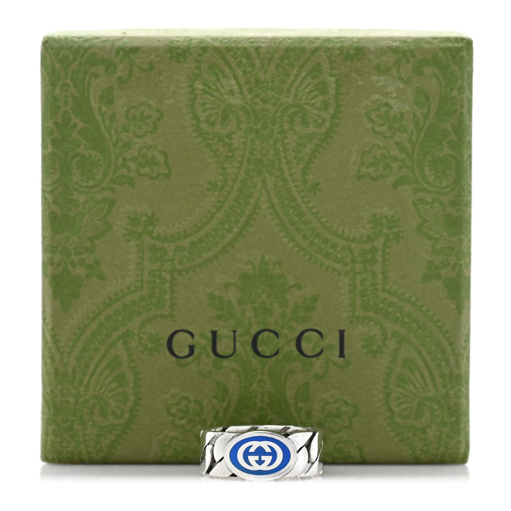 GUCCI スターリングシルバー エナメル インターロッキングG チェーンリング 61 9.75 ブルー(代金引換)