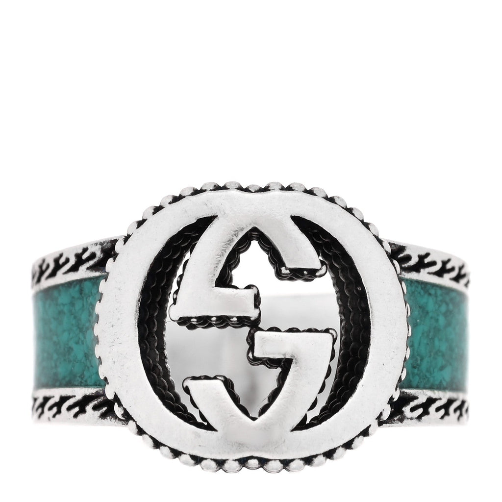 GUCCI スターリングシルバー エナメル インターロッキングG バンドリング 50 5.5 ターコイズ(代金引換)