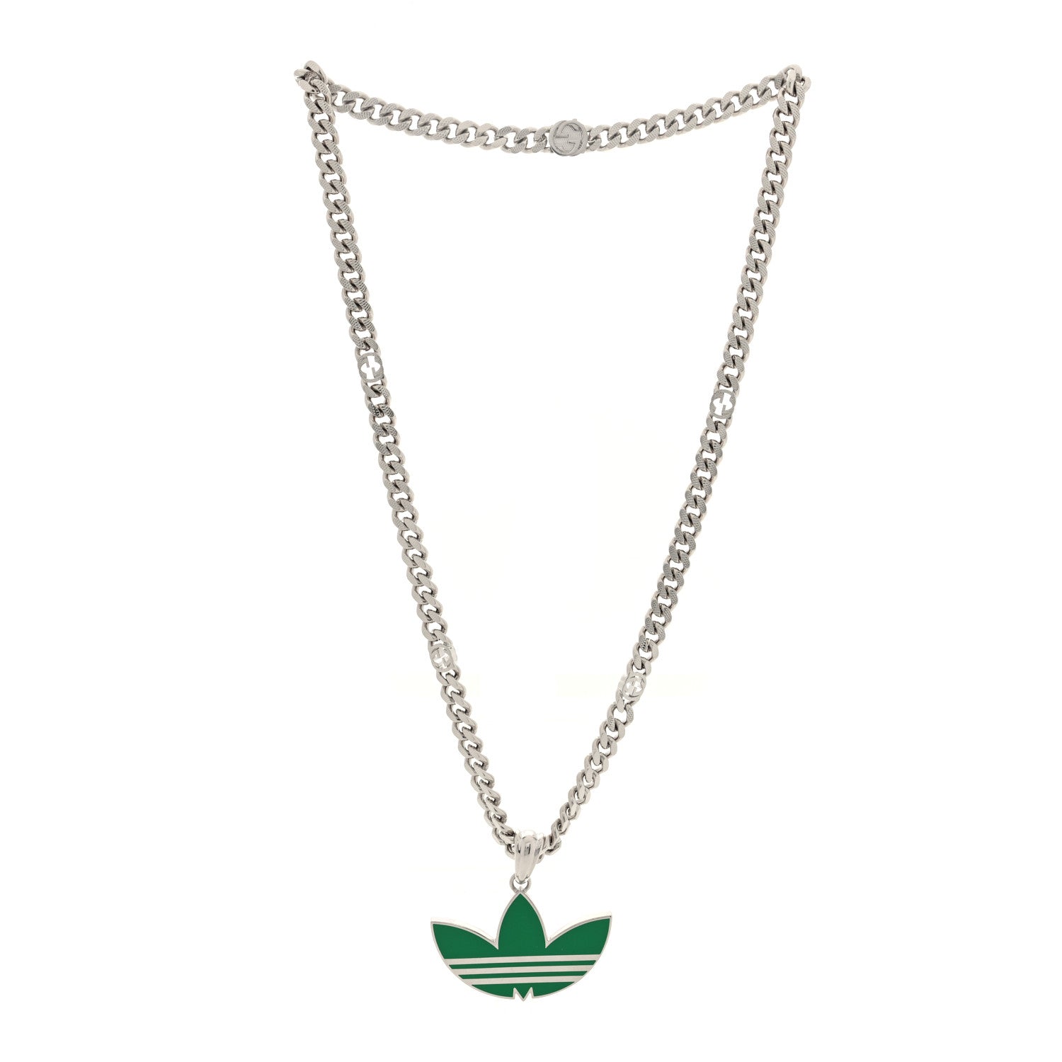 GUCCI X ADIDAS エナメル トレフォイル ペンダント ネックレス シルバーグリーン(代金引換)